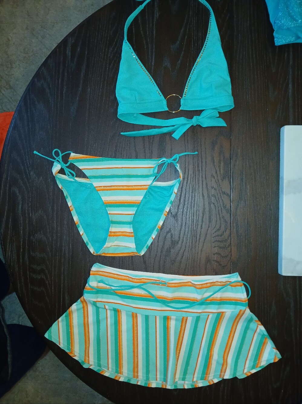 Split Teal, White & Orange Striped Women's 3-Piece Swim Set